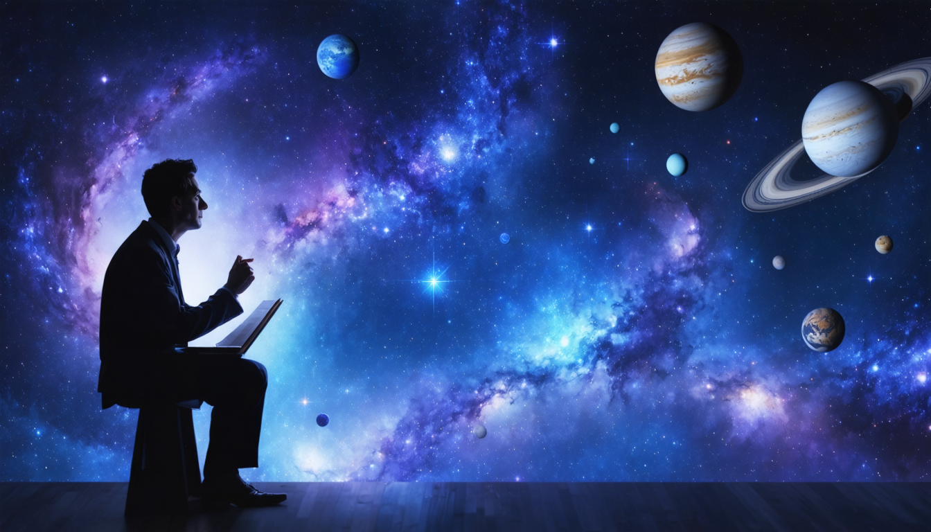 A representation of various scientific theories depicted as a cosmic scene with a scientist at the center, surrounded by swirling celestial bodies.