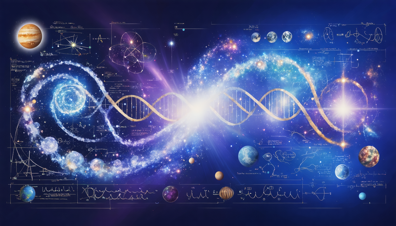 Conceptual illustration showcasing various scientific theories with a cosmic background and vibrant colors.