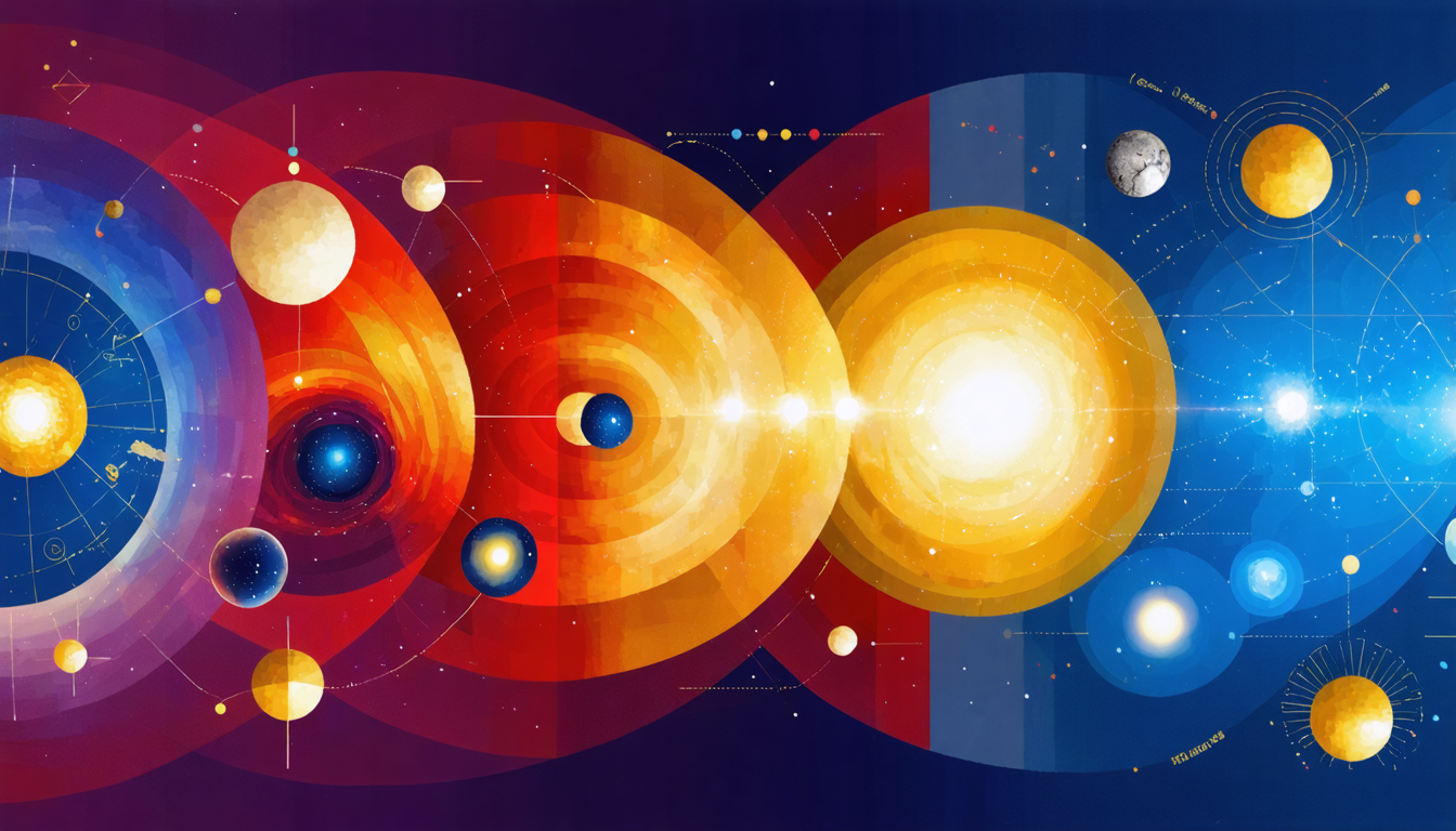 Abstract illustration representing scientific theories with vibrant colors and geometric shapes.