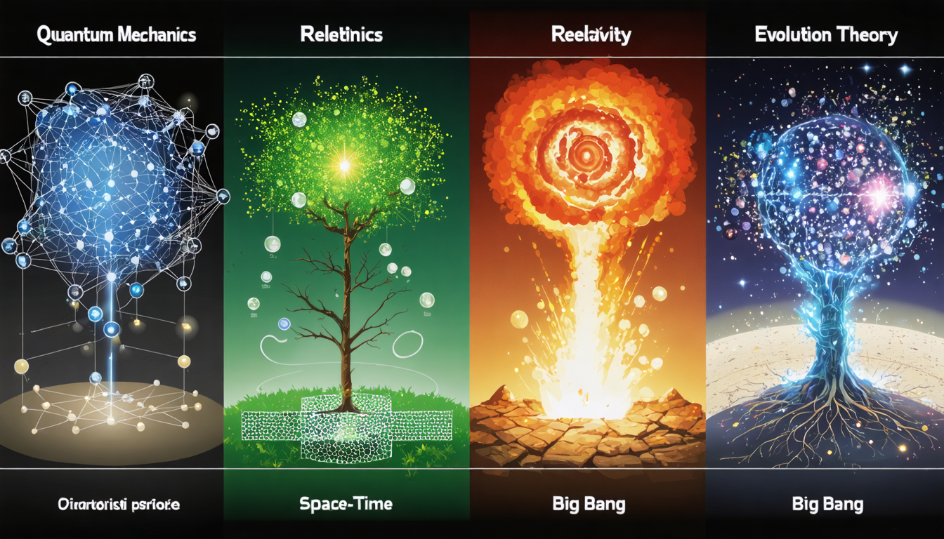 A vibrant conceptual illustration showcasing various scientific theories including Quantum Mechanics, Relativity, Evolution, and the Big Bang.
