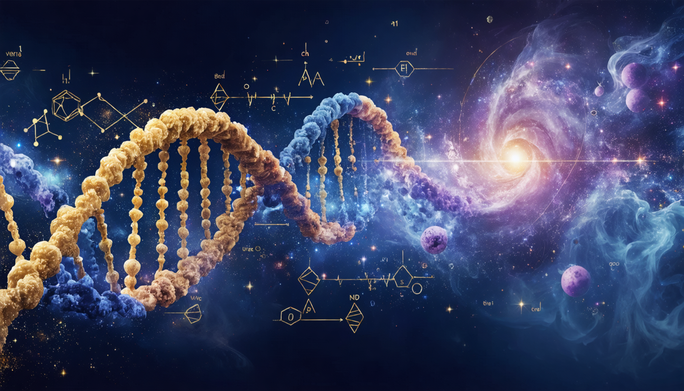 Illustration representing various scientific theories such as evolution, the theory of relativity, and quantum mechanics in a cosmic setting.