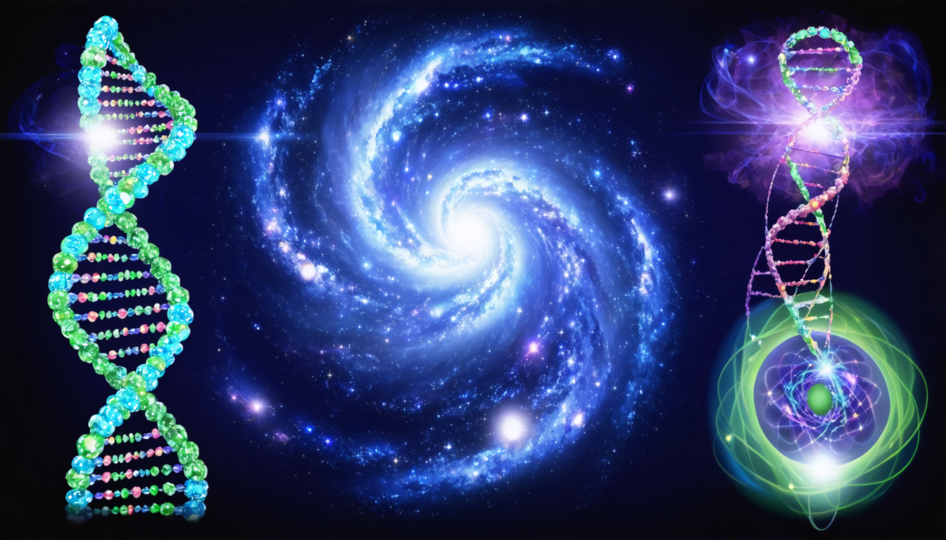A creative depiction of various scientific theories merging cosmic, biological, and philosophical elements.
